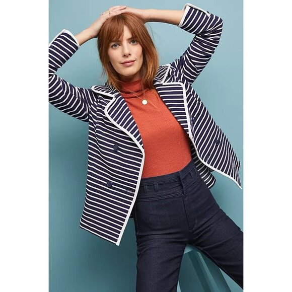 Anthropologie Stephanie Peacoat Striped Knit Jacket Size M Double Breasted Blue - Picture 2 of 13